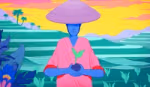 Illustration of plant in cupped hands on blue background.