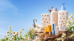 A selection from the Wild product range – a bottle, pump bottle, lip balm and deo stick – arranged on a lump of wood among white and yellow flowers.