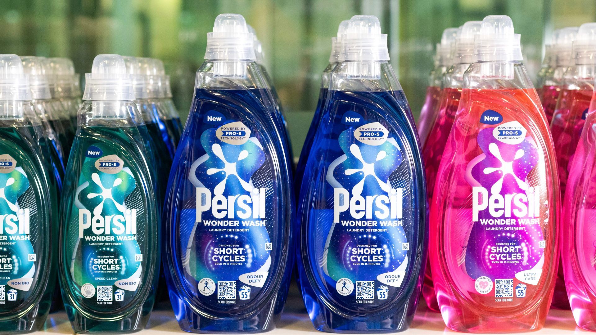 A selection of Persil Wonder Wash on a supermarket shelf.