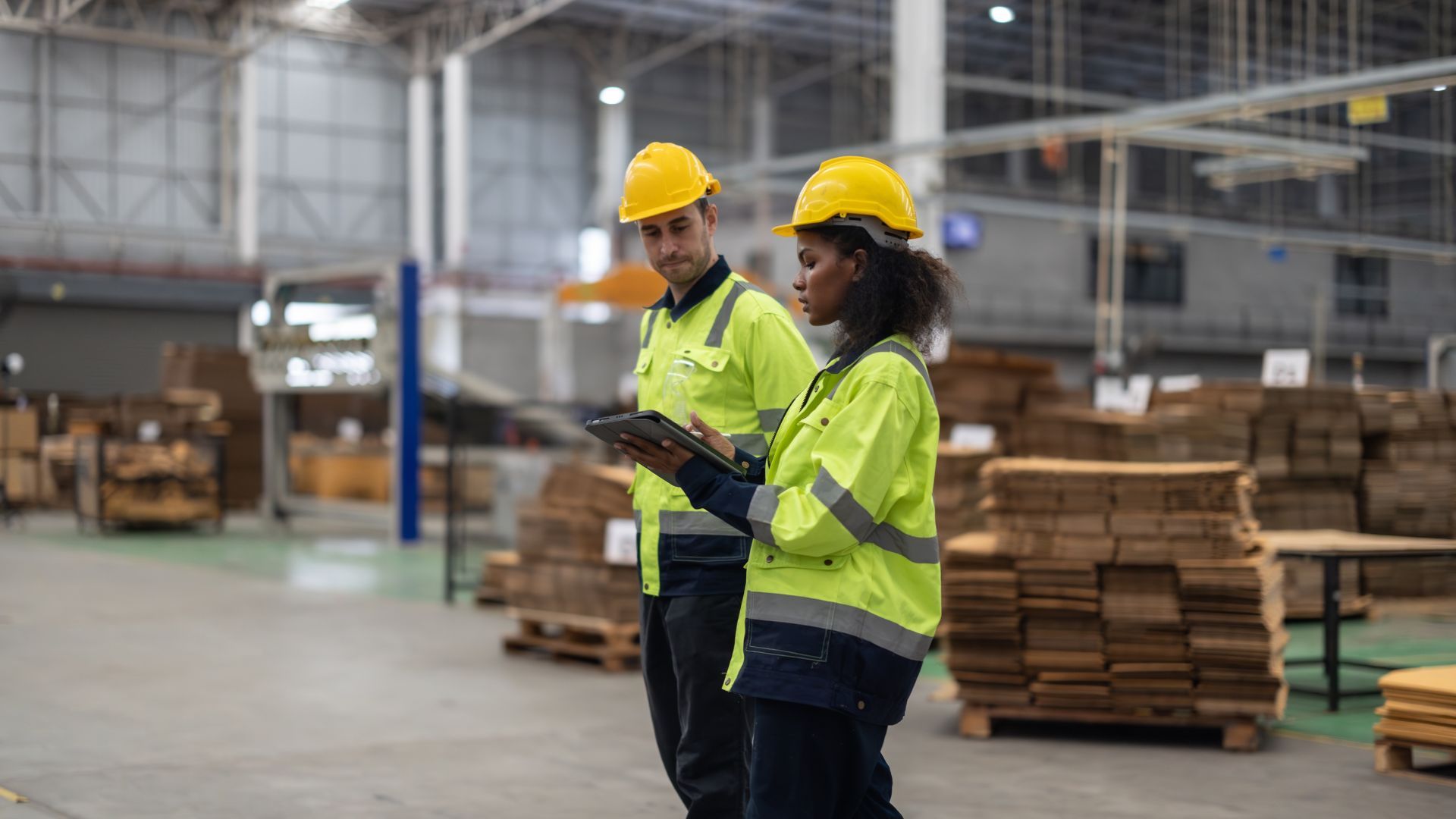 Man and woman in hard hats having a conversation in a warehouse